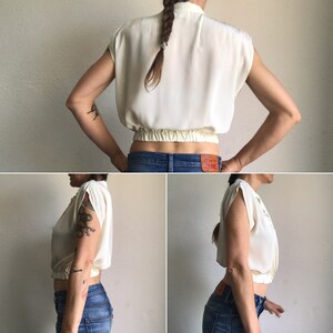 Short Vintage Top 1980s Shiny Ivory Blouse Crossed Blouse Sleeveless French Vintage Crop Top Made in France Size S image 8