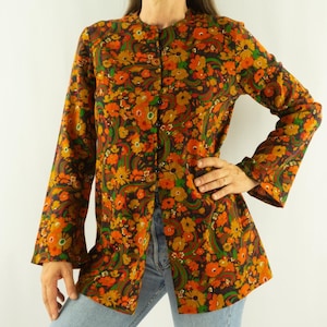 Vintage Floral Tunic 1960s | Psychedelic Orange Yellow Green Print | Long Flared Sleeves | Fitted Waist | Made in France | Size L