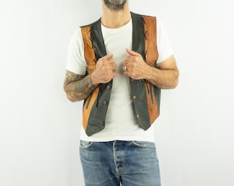 Vintage bikervest jaren 1970/80 | Zwarte kameelleren schoudervetersluiting | Westernkleding | S/M