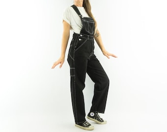 Vintage Bib Dungarees 1990s | Black Denim, Contrast Stitching | Carpenter Style Overalls | M