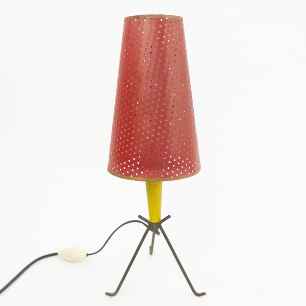 Vintage Table Lamp | 1950s | Tripod Table Lamp | Yellow and Red | Desk / Bedside Lamp | Mid Century Design | Rockabilly | Made in France