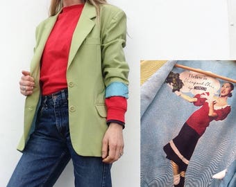 Moschino Cheap & Chic | Vintage Blazer Jacket | 1980s | Green Wool Jacket | Moschino Photo Print Lining | Made in Italy | Size M