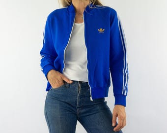 Adidas Ventex Vintage Trainingsjacke 1970s | Blau Weiße Streifen Kleeblatt | Retro Sport | Frankreich | S