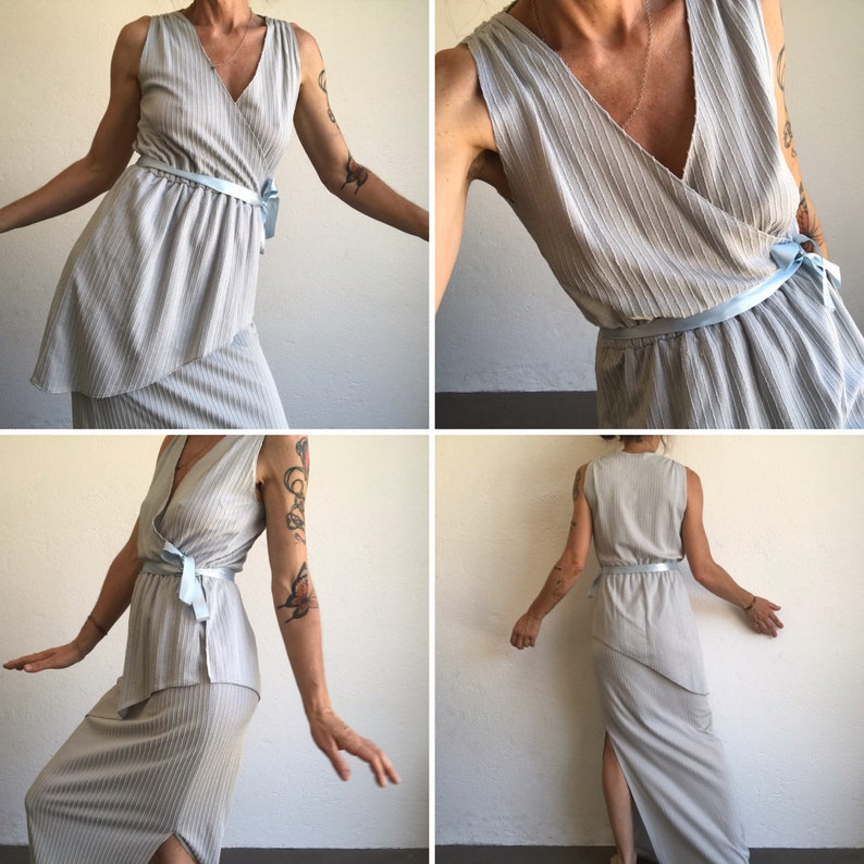 Vintage Evening Dress Maxi Dress 1980s Striped Infinity Dress Light Blue/White Ruffle Dress Made in France Size S image 3
