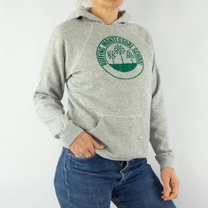 Sportswear | Vintage Hooded Sweatshirt | 1980s | Hoodie | Montessori School | Poly/Cotton Blank Grey | Raglan Sleeve | Made in USA | Size M