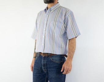 Chemise Vintage 1980s | Blanche Rayures Bleues Rouges | Col Boutonné | Manches Courtes | Rétro Mod | XL