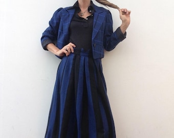 Conjunto de falda de lana vintage Pierre Cardin de los años 80 / Chaqueta Spencer a cuadros, falda a rayas / Francia / S