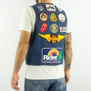 Wrangler Gilet Denim Vintage 1970s | Veste Biker Sans Manches Patches Moto Honda AMA Custom | USA | L