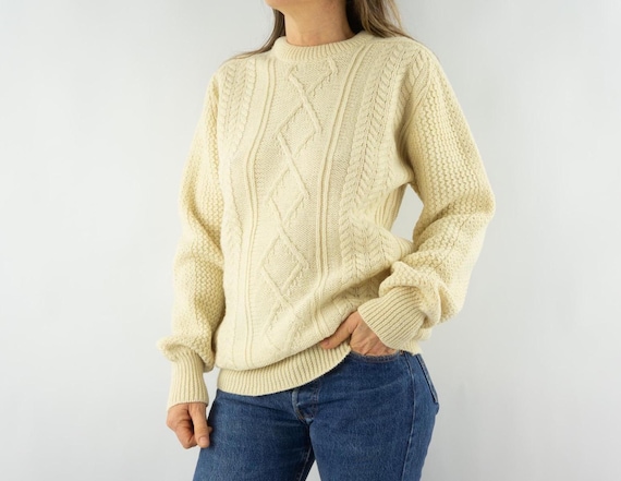 Barbour, Barbour Vintage Fisherman Sweater 1980s | Beige Aran Wool Cable Knit | Scotland | M/L