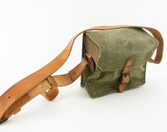 Vintage French Army Musette Bag 1950s | Khaki Canvas & Leather