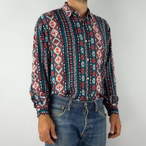 Vintage Crazy Print Shirt | 1980s | Multicolored Geometric Pattern Shirt | Long Sleeves | Native Print | 90s Look | Button Up Shirt | Size M
