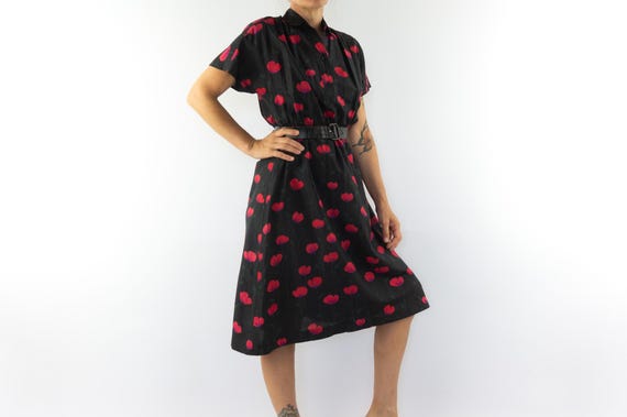 Vintage Floral Silk Shirt Dress 1950s | Red Poppy Print | Made in France | Size S