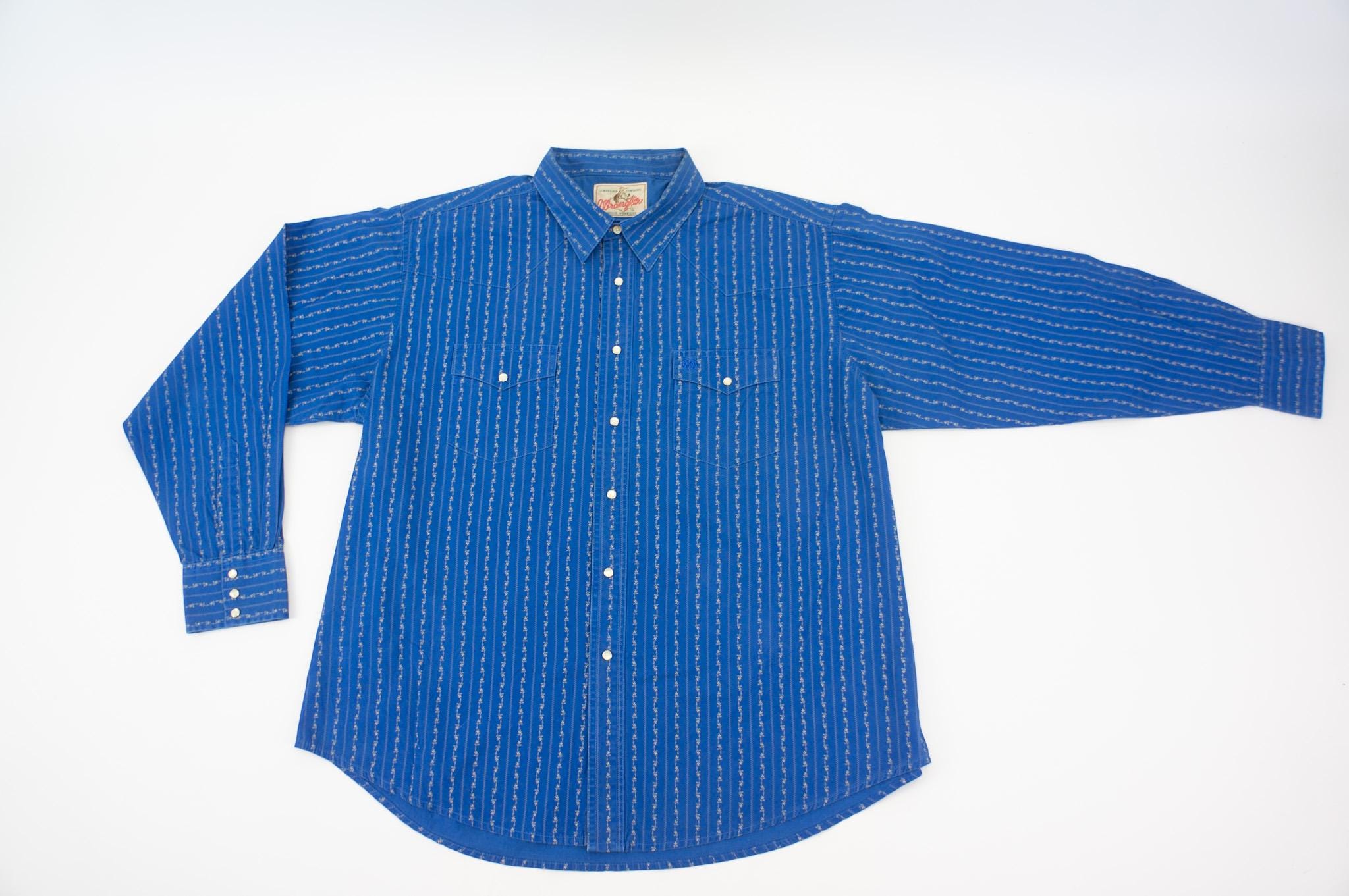 Wrangler Vintage Cowboy Shirt 1980s | Blue Floral Stripe Pattern 