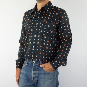 Danglas | Vintage Men&#39;s Shirt | 1970s | Black Shirt with Brown Geometric Pattern| Polycotton | Long Sleeves | Made in France | Size M