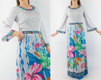 Vintage Maxi Dress | 1970s | Pucci Style Floral Dress | Retro Evening Dress | Gray/Multicolor | Extra Long | Boho | Made in Germany | Size M