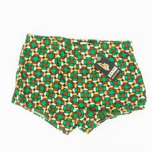 Vintage 1970s Mod Men’s Swim Brief | Square Cut Retro Trunks | Geometric Brown Green Pattern Swimsuit | Made in Spain | NOS | Size M