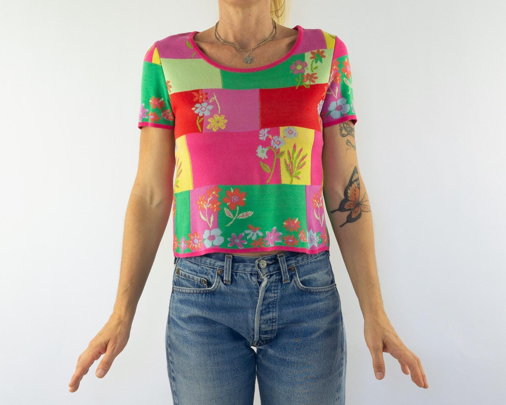 Kenzo Vintage Floral Knit Top 1990s | Colorful Cotton, Short