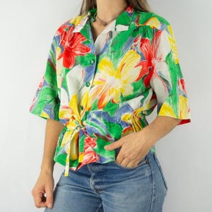Scorpion | Vintage 1980s Floral Blouse | Multicolored Print Shirt with Belt | Short Sleeves | Made in France | Size L | Boho Chic
