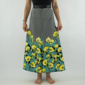Vintage Maxi Skirt | 1970s | Striped High Waist Skirt with Floral Pattern | Callas | Black/White/Yellow | Made in France | Size S/M