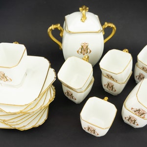 Service à Café en Porcelaine Vintage 1900s | Blanc & Doré | Tasses Soucoupes et Sucrier Monogrammées  | Porcelaine Fine Française