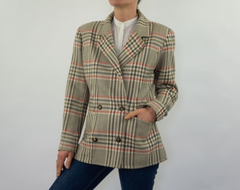 Courreges | Vintage Check Blazer | 1980s | Wool Jacket with Prince of Wales Pattern | Beige/Brown/Orange | Crossed | Made in France | Size M