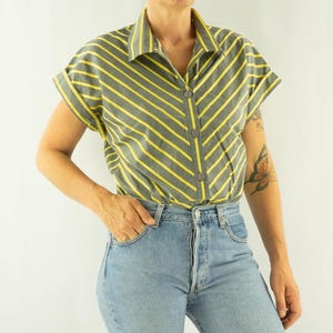 Gérard Pasquier Vintage Striped Blouse 1980s | Yellow & Grey Diagonal Cotton Shirt | French Graphic Minimalist Look | Size M/L