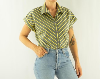 Gérard Pasquier Vintage Striped Blouse 1980s | Yellow Grey Cotton Shirt | French Minimalist | L