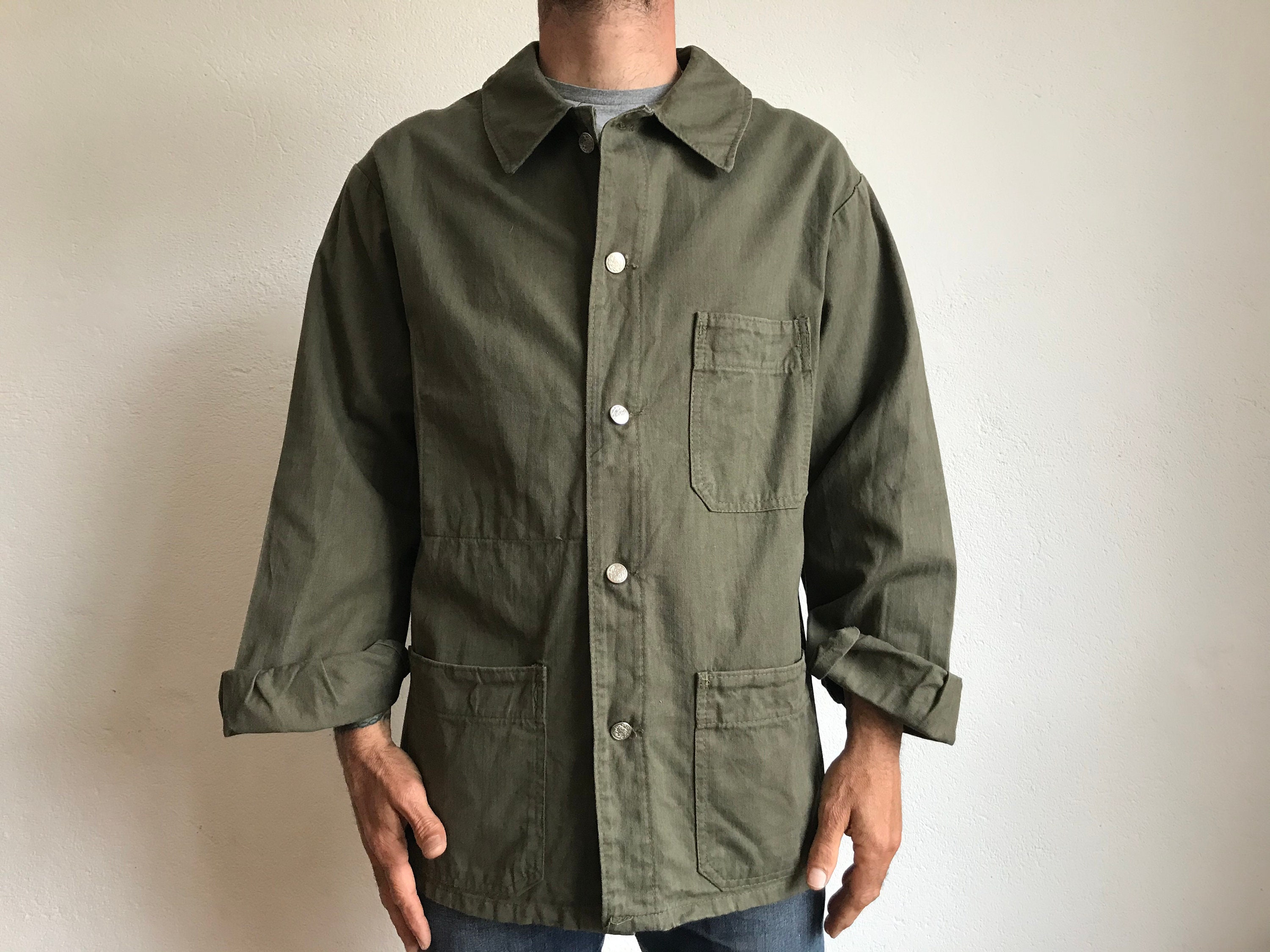 Vintage Workwear 1960s Herringbone Worker Jacket Khaki Green Silver Metal Buttons Made in France Size 48 - Etsy Vintage Workwear 1960s Herringbone Worker Jacket Khaki Green Silver Metal Buttons Made in France Size 48 - Etsy