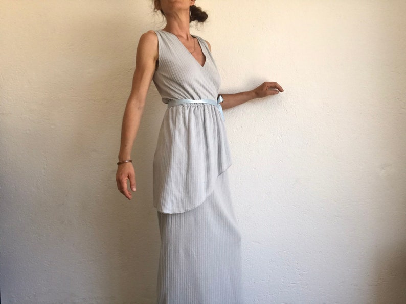 Vintage Evening Dress Maxi Dress 1980s Striped Infinity Dress Light Blue/White Ruffle Dress Made in France Size S image 5