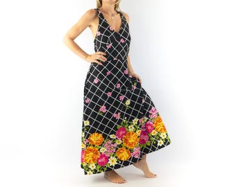 Vintage Maxi Dress 1970s | Long Floral Geometric A-line | Sleeveless | Retro Evening | France | M