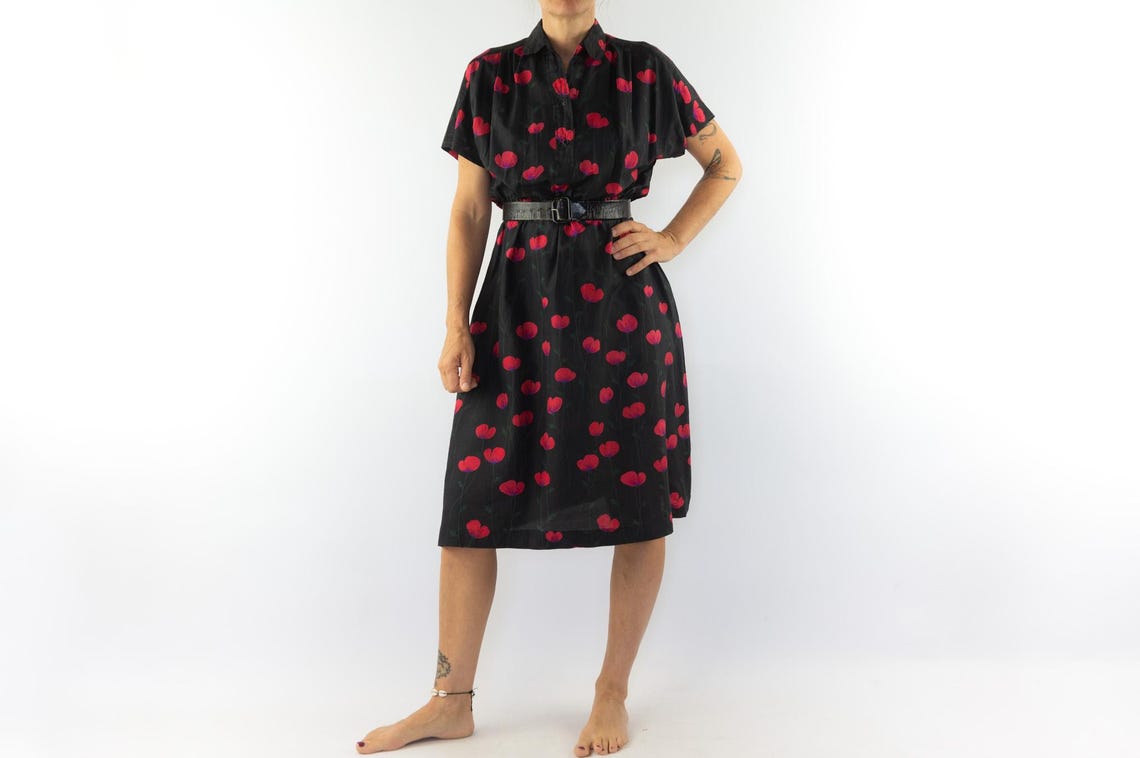 Vintage Floral Silk Shirt Dress 1950s | Red Poppy Print | Made in France | Size S, Foto 2 von 5
