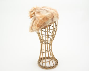 Vintage Beret 1980s | Beige Soft Longhair Angora Wool Pompom Hat | Winter Cap Retro | France