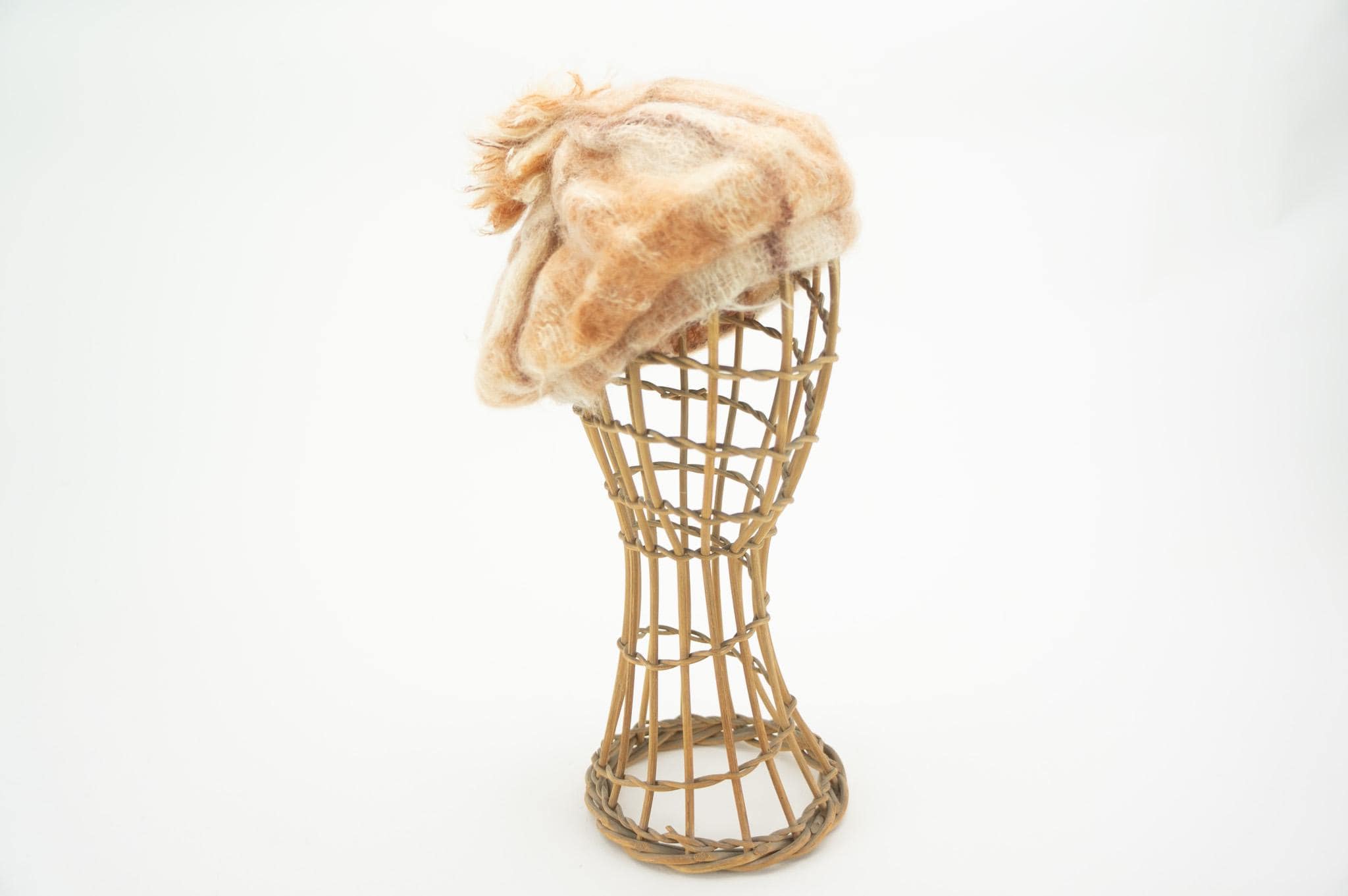 Vintage Beret 1980s | Beige Soft Longhair Angora Wool Pompom  display picture 3