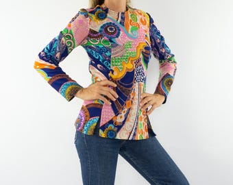 Vintage Psychedelic Tunic Blouse 1970s | Retro Colorful Waisted Polyester Top | France | S