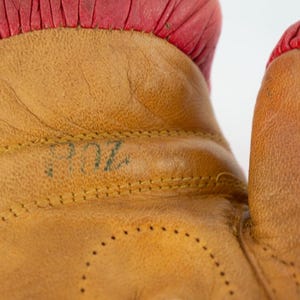 May include: Close-up of a tan leather boxing glove with red trim. The glove has visible stitching and the number "8 OZ" is stamped on the leather. The image highlights the texture and detail of the glove's construction.