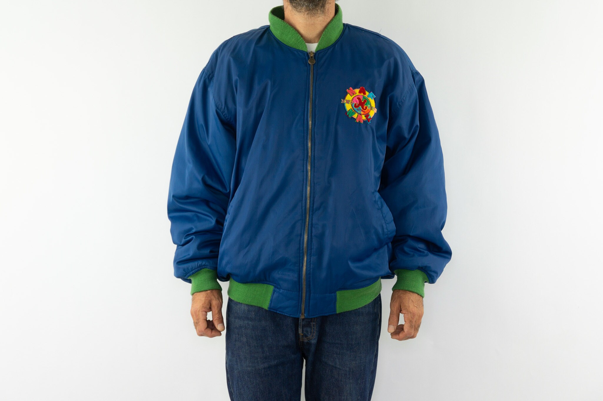Naf Naf Vintage Bomber Jacket 1990s Flight Jacket Oversize Blue Nylon Jacket Colorful Logo Made in France Size M Etsy Denmark