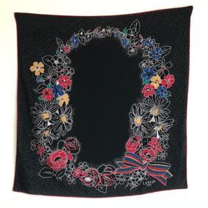 Lanvin | Vintage Silk Scarf | 1980s | Scarf with Floral/Bow Pattern | Black/Multicolor | Square Scarf | Made in France | 33x33"