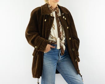 Vintage Escada Quilted Velvet Coat 1980s | Brown Geometric Overstitched Oversize Jacket | Germany | L
