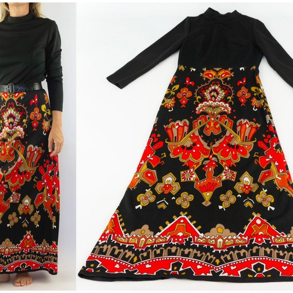 Robe Maxi Vintage | 1970s | Robe Florale Op Art | Robe de Soirée Rétro | Noir/Rouge | Robe Empire | Manches Longues | Taille M