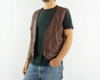 Vintage Leather Vest 1980s | Brown Leather Waistcoat | Western Wear Cowboy Biker | M