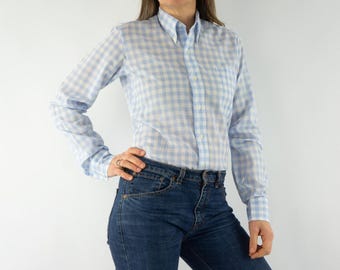 Camisa vintage de cuadros vichy, años 60, cuadros azules y blancos, cuello abotonado, estilo retro moderno, talla S