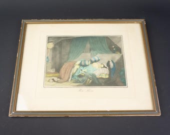 Antique French Engraving "Un Rêve" 1830s | Hand Colored Romantic Framed Boudoir Print
