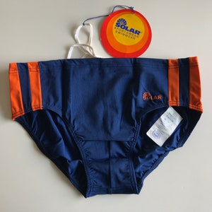Solar | Vintage Men's Swimwear | 1970s | Sporty Swim Brief | Blue with Orange Stripes | Shiny |  Retro Swim Brief | NOS | Size M