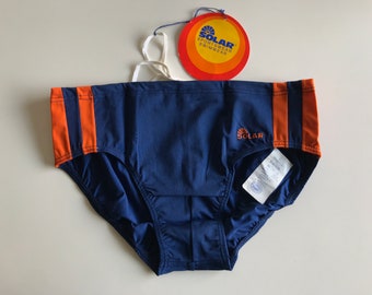 Solar | Maillots de Bain Vintage Homme | 1970s | Bleu / Orange | Slip de Bain Sportif | Brillant | Slip de Bain Retro | NOS | Taille M