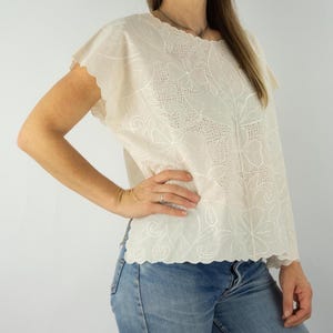 Vintage 1980s Women&#39;s Blouse | Embroidered Ivory Cotton Top | Short Butterfly Sleeves | Loose, Straight Fit | Romantic Boho Style | Size M