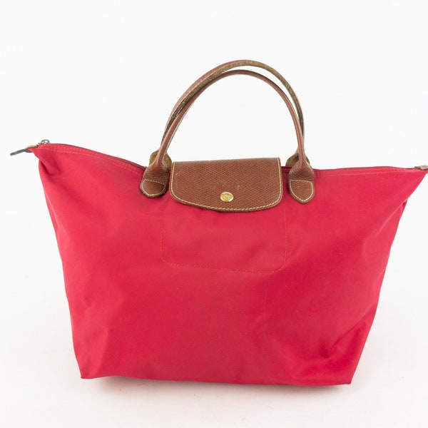 Longchamp - Le Pliage | Vintage | 1990s | Sac à Main | Nylon/cuir | Rouge/Marron | Sac à Poignée | Léger | Petite Taille