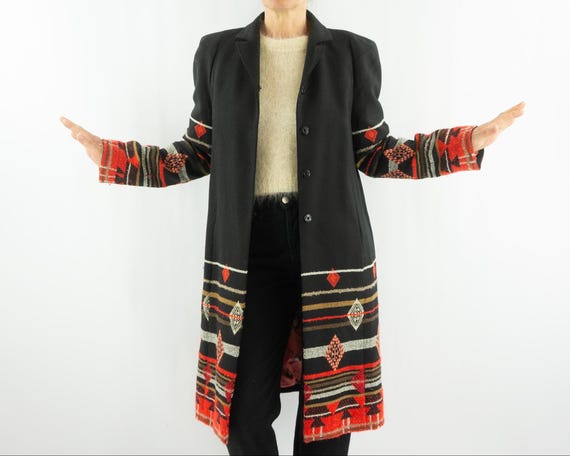 Christian Lacroix, Vintage Christian Lacroix Wool Coat | Black Geometric Pattern | France | L