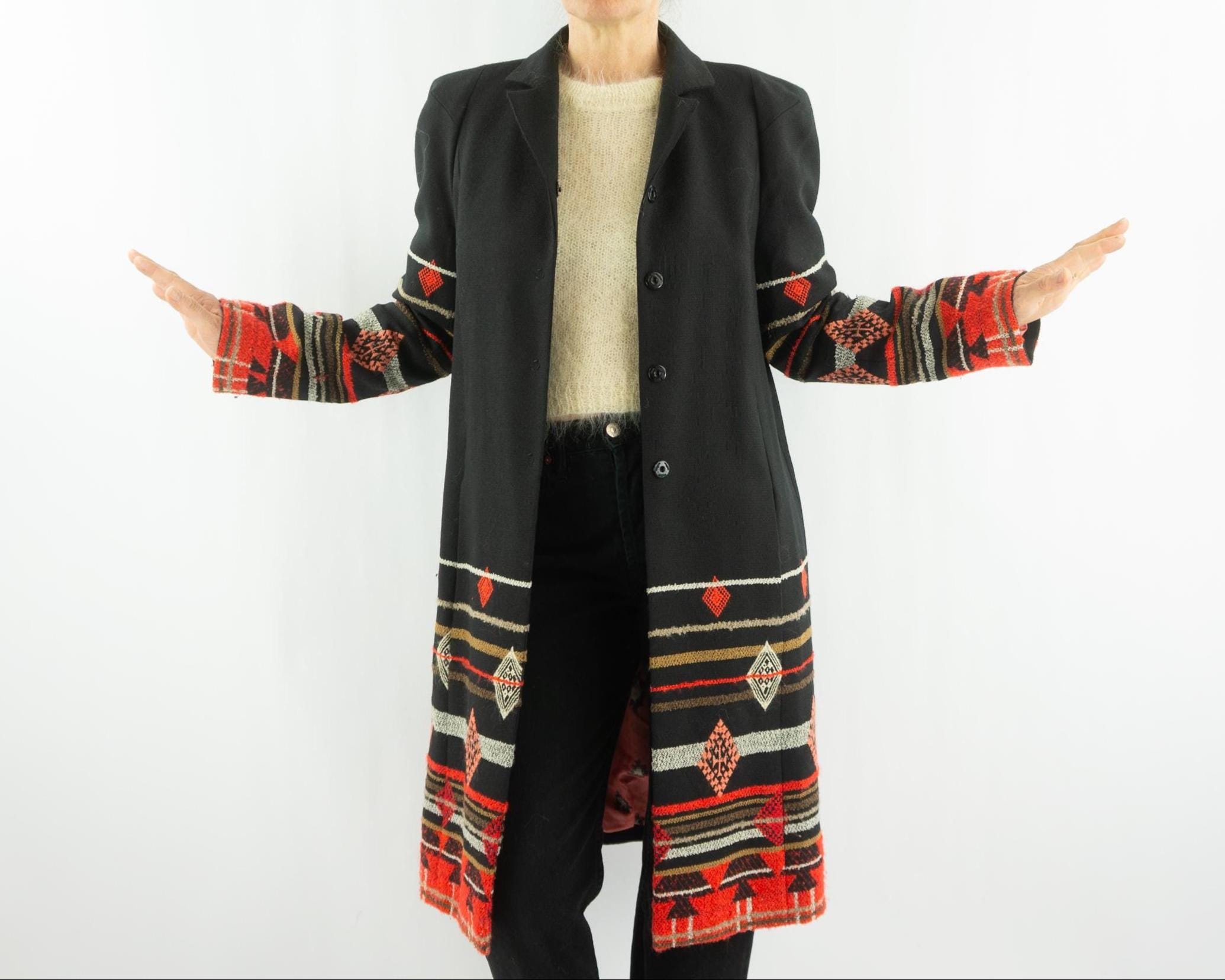 Christian Lacroix, Vintage Christian Lacroix Wool Coat | Black Geometric Pattern | France | L