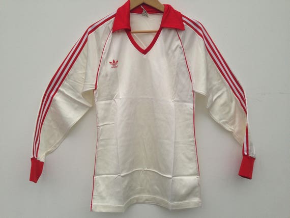 Adidas | Vintage Soccer Jersey | 1970s | Long Sleeves T-Shirt | Shiny White  with Red Stripes | Trefoil Logo | Deeadstock | Size 4/5 - 6/7