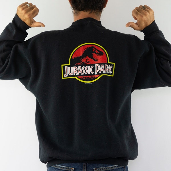 Sweatshirt Vintage Jurassic Parc | 1990s | Tultex Superweight Noir | Logo Classique | Manches Longues | Made in USA | Chip Kidd | Taille XL